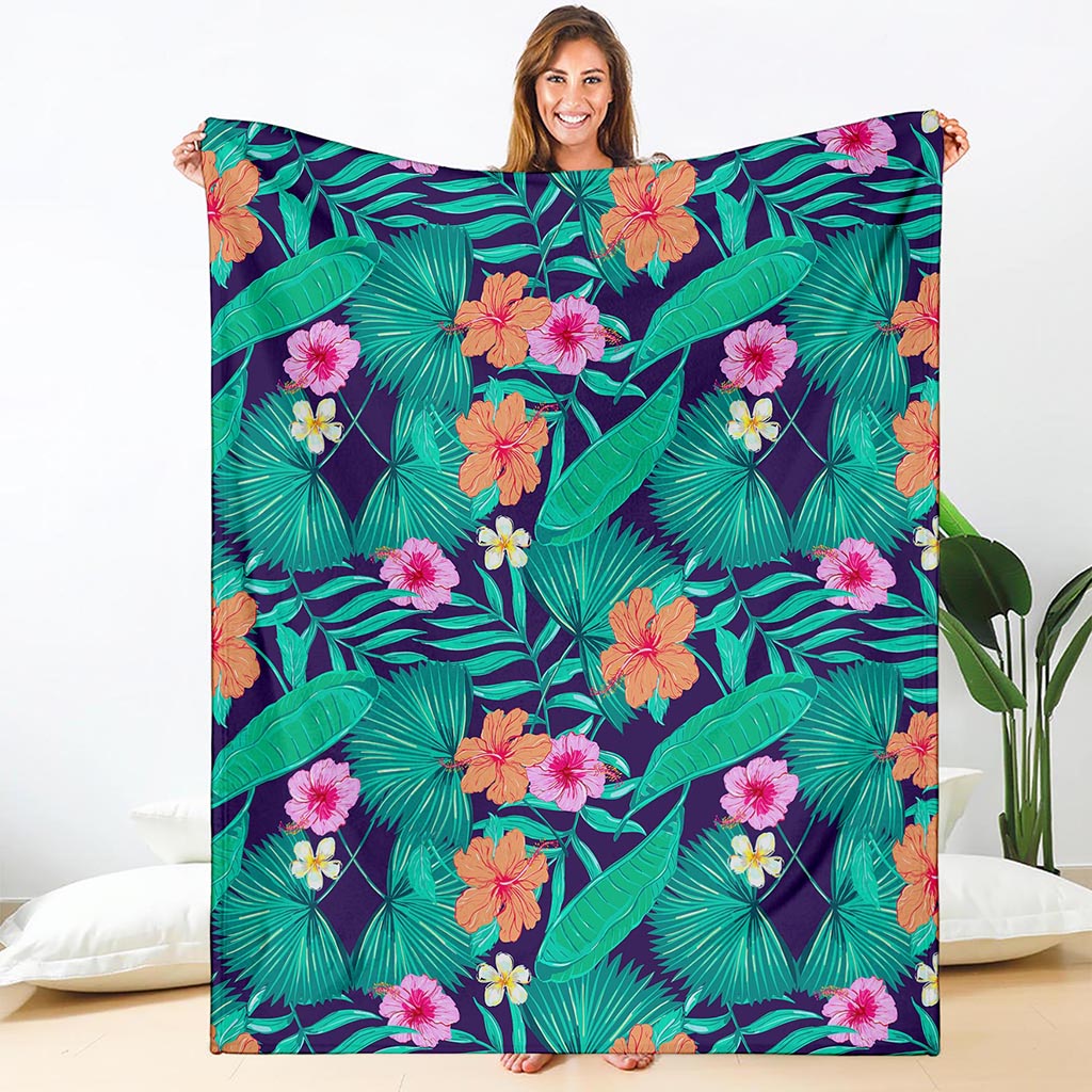 Teal Hawaiian Leaf Flower Pattern Print Blanket