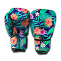 Teal Hawaiian Leaf Flower Pattern Print Boxing Gloves