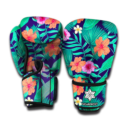 Teal Hawaiian Leaf Flower Pattern Print Boxing Gloves