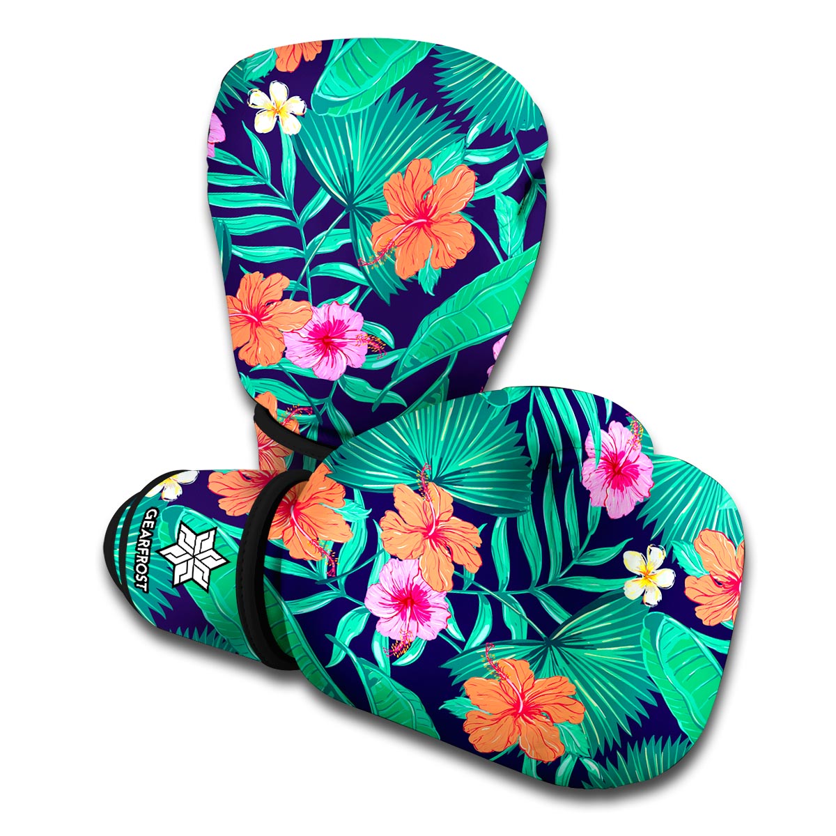 Teal Hawaiian Leaf Flower Pattern Print Boxing Gloves