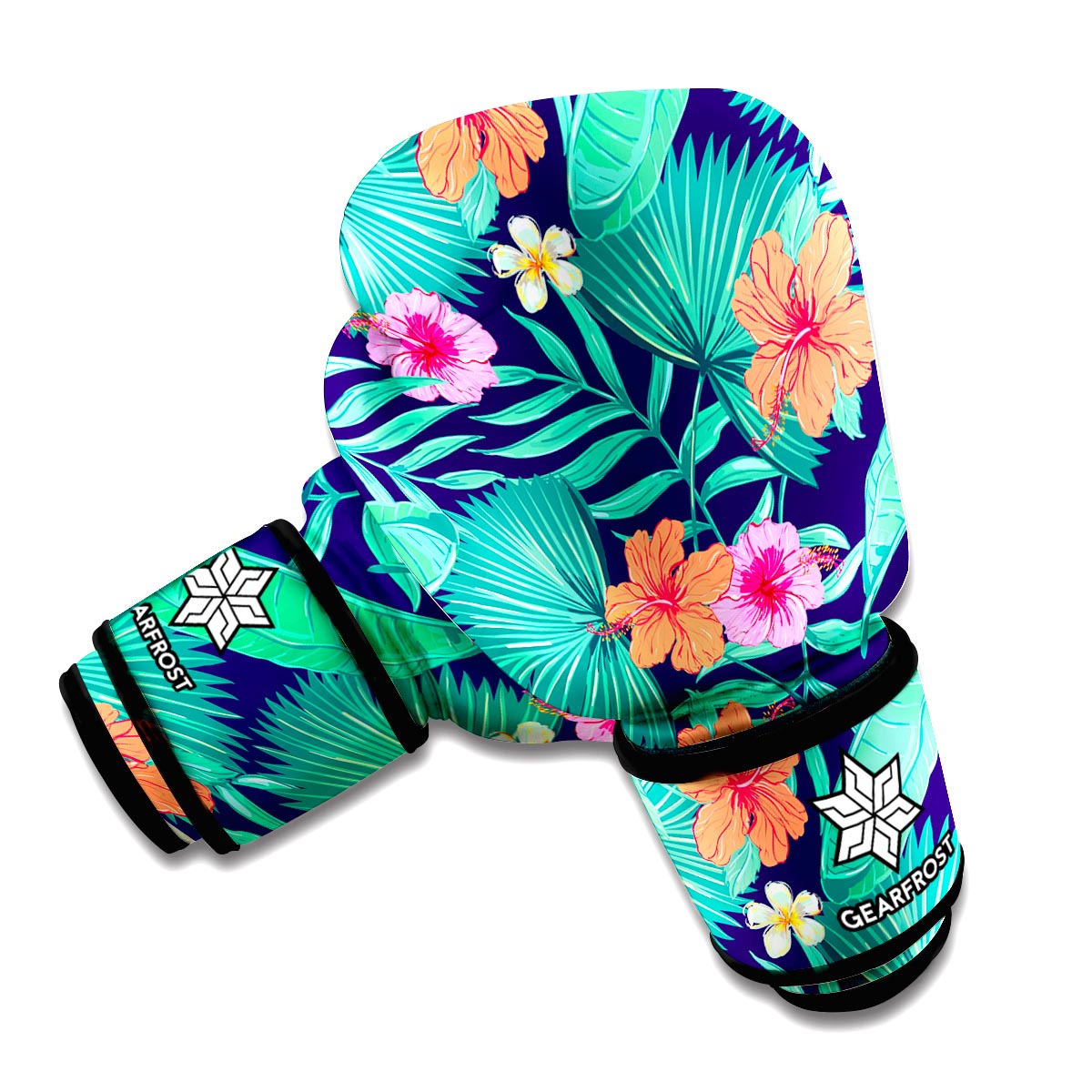 Teal Hawaiian Leaf Flower Pattern Print Boxing Gloves