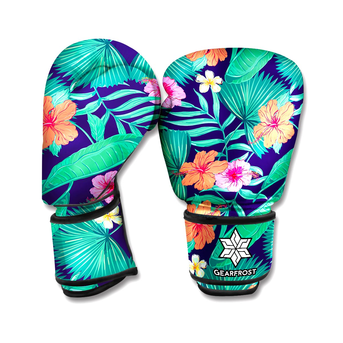 Teal Hawaiian Leaf Flower Pattern Print Boxing Gloves