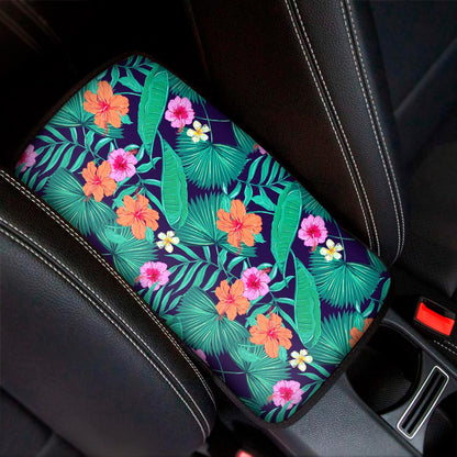 Teal Hawaiian Leaf Flower Pattern Print Car Center Console Cover