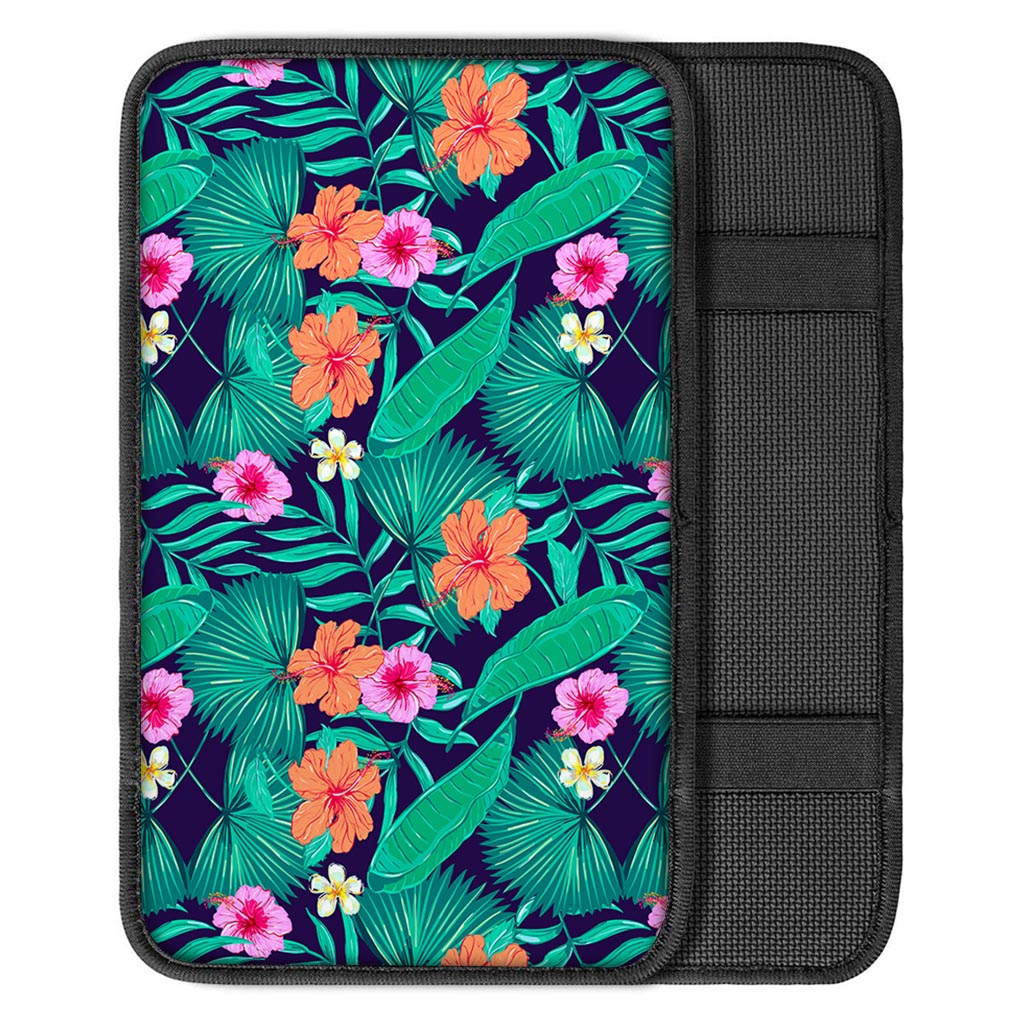 Teal Hawaiian Leaf Flower Pattern Print Car Center Console Cover
