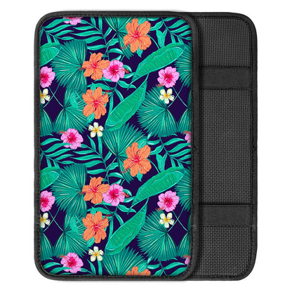 Teal Hawaiian Leaf Flower Pattern Print Car Center Console Cover