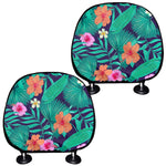 Teal Hawaiian Leaf Flower Pattern Print Car Headrest Covers