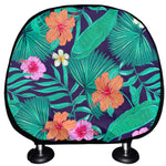 Teal Hawaiian Leaf Flower Pattern Print Car Headrest Covers