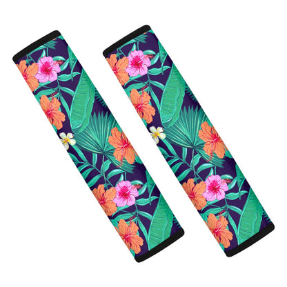 Teal Hawaiian Leaf Flower Pattern Print Car Seat Belt Covers