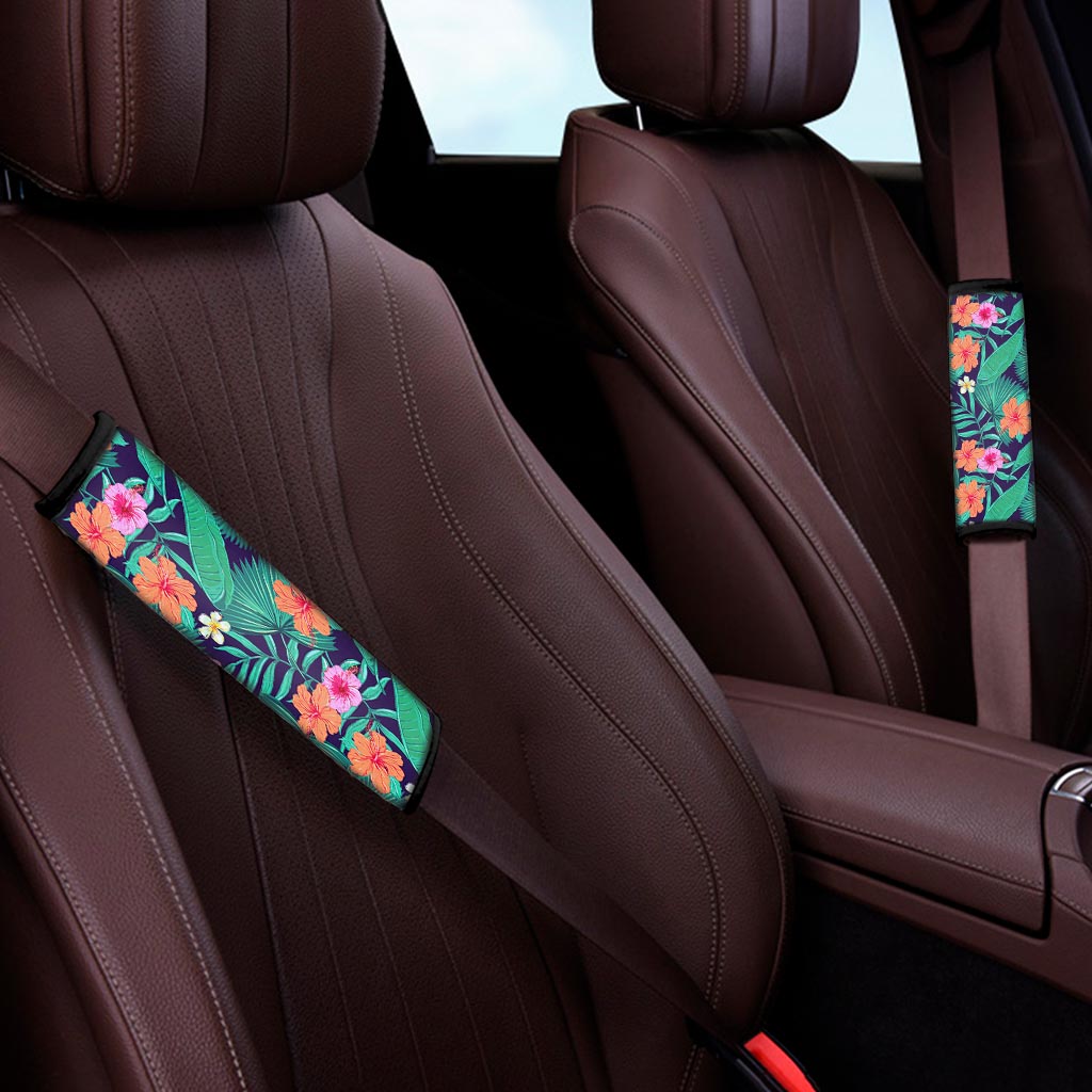 Teal Hawaiian Leaf Flower Pattern Print Car Seat Belt Covers