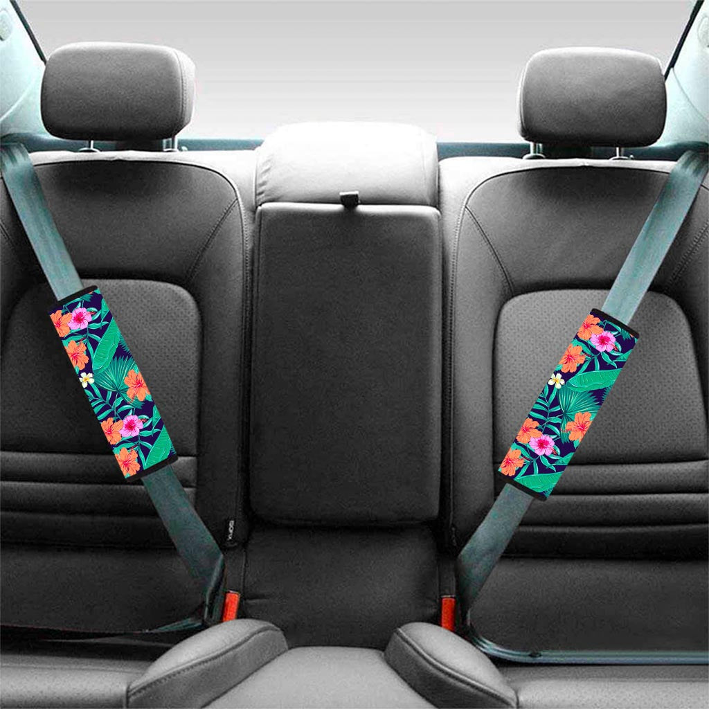 Teal Hawaiian Leaf Flower Pattern Print Car Seat Belt Covers