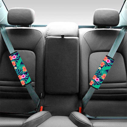 Teal Hawaiian Leaf Flower Pattern Print Car Seat Belt Covers