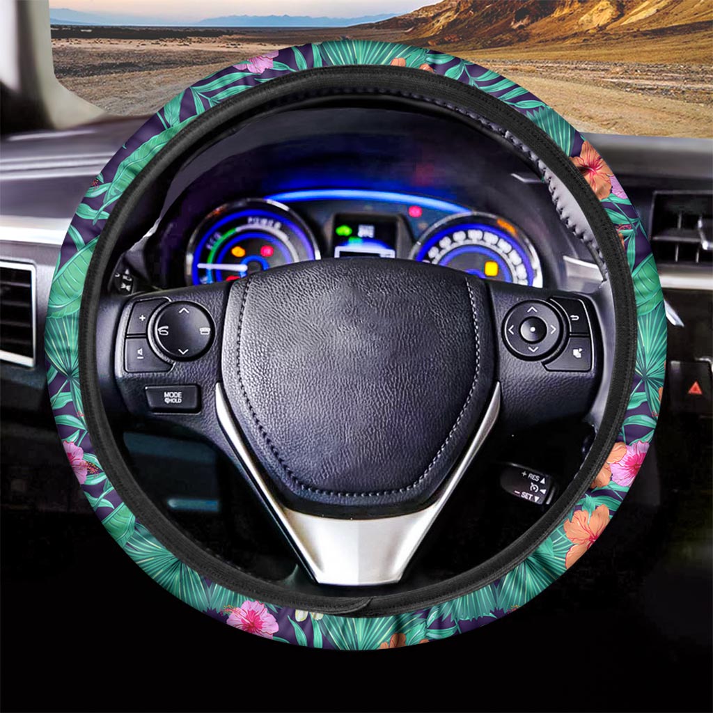 Teal Hawaiian Leaf Flower Pattern Print Car Steering Wheel Cover