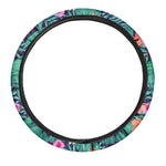 Teal Hawaiian Leaf Flower Pattern Print Car Steering Wheel Cover