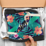 Teal Hawaiian Leaf Flower Pattern Print Comfy Boots GearFrost