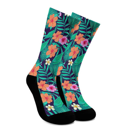 Teal Hawaiian Leaf Flower Pattern Print Crew Socks