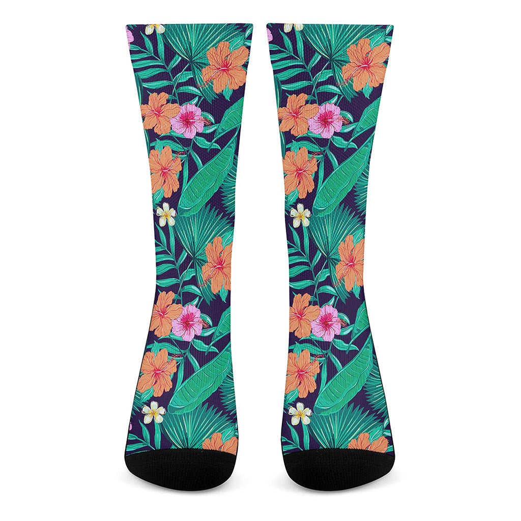 Teal Hawaiian Leaf Flower Pattern Print Crew Socks