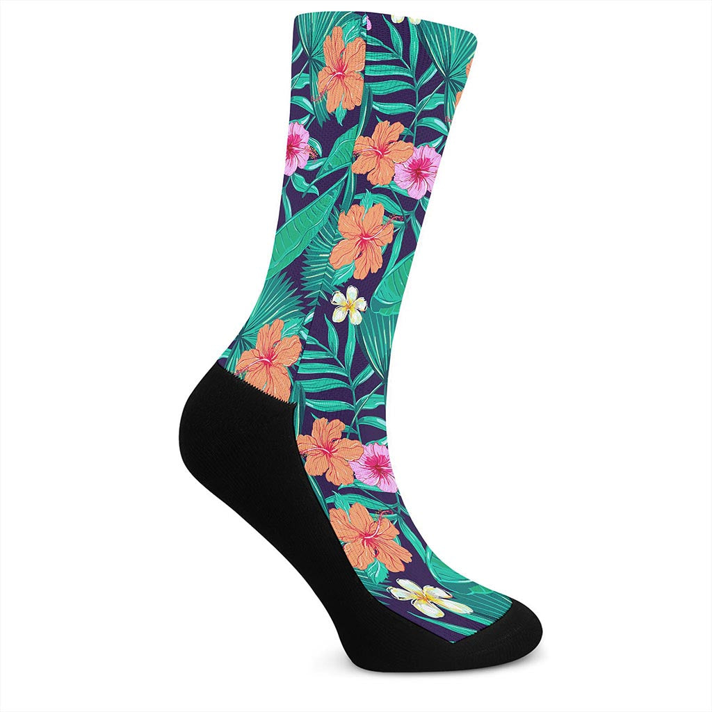 Teal Hawaiian Leaf Flower Pattern Print Crew Socks