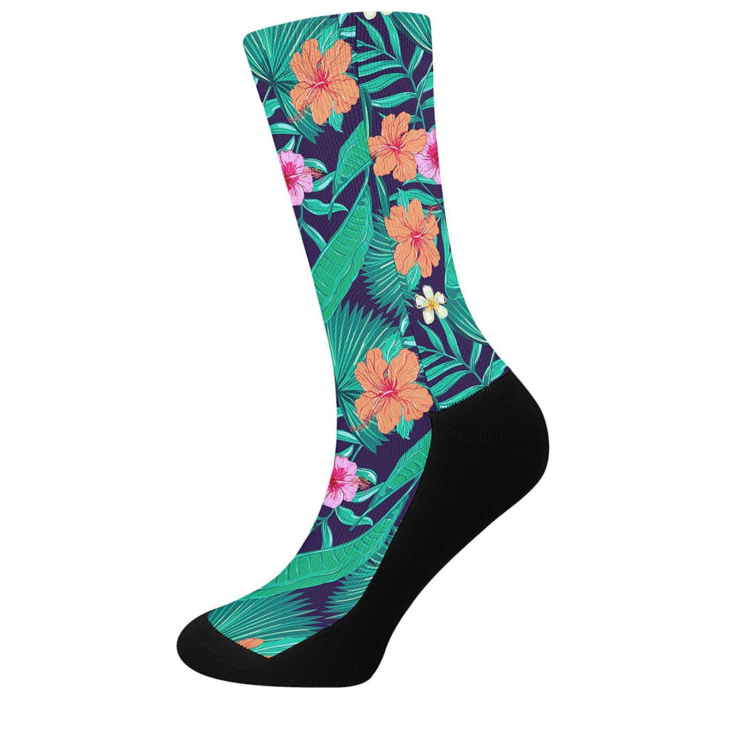 Teal Hawaiian Leaf Flower Pattern Print Crew Socks