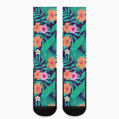 Teal Hawaiian Leaf Flower Pattern Print Crew Socks