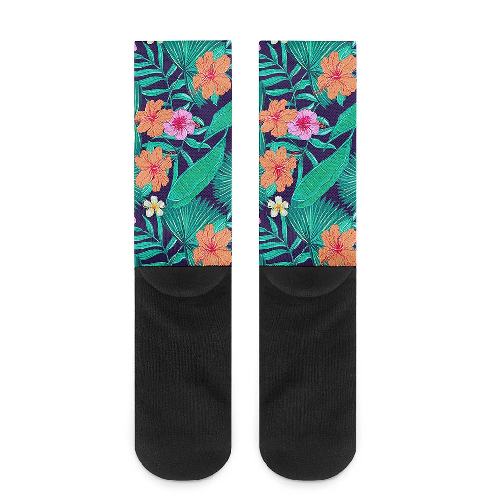Teal Hawaiian Leaf Flower Pattern Print Crew Socks