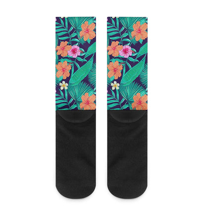 Teal Hawaiian Leaf Flower Pattern Print Crew Socks