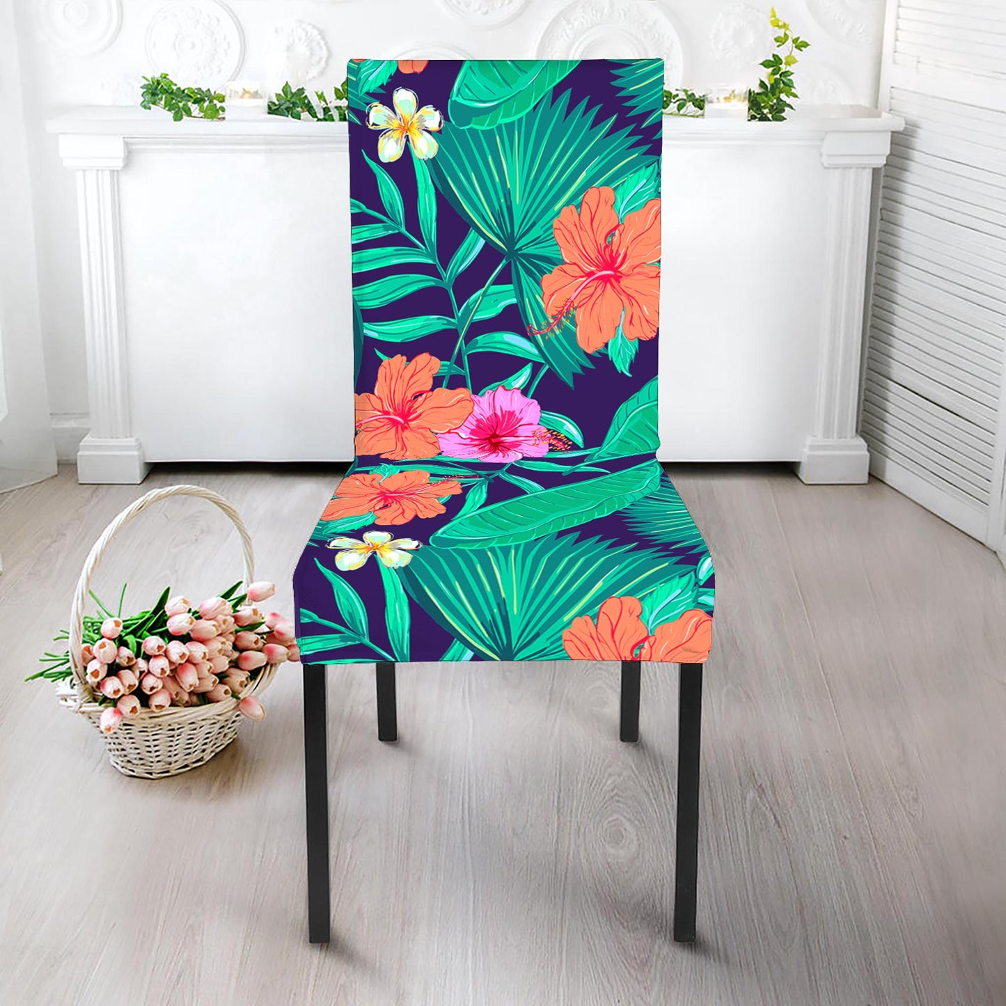 Teal Hawaiian Leaf Flower Pattern Print Dining Chair Slipcover