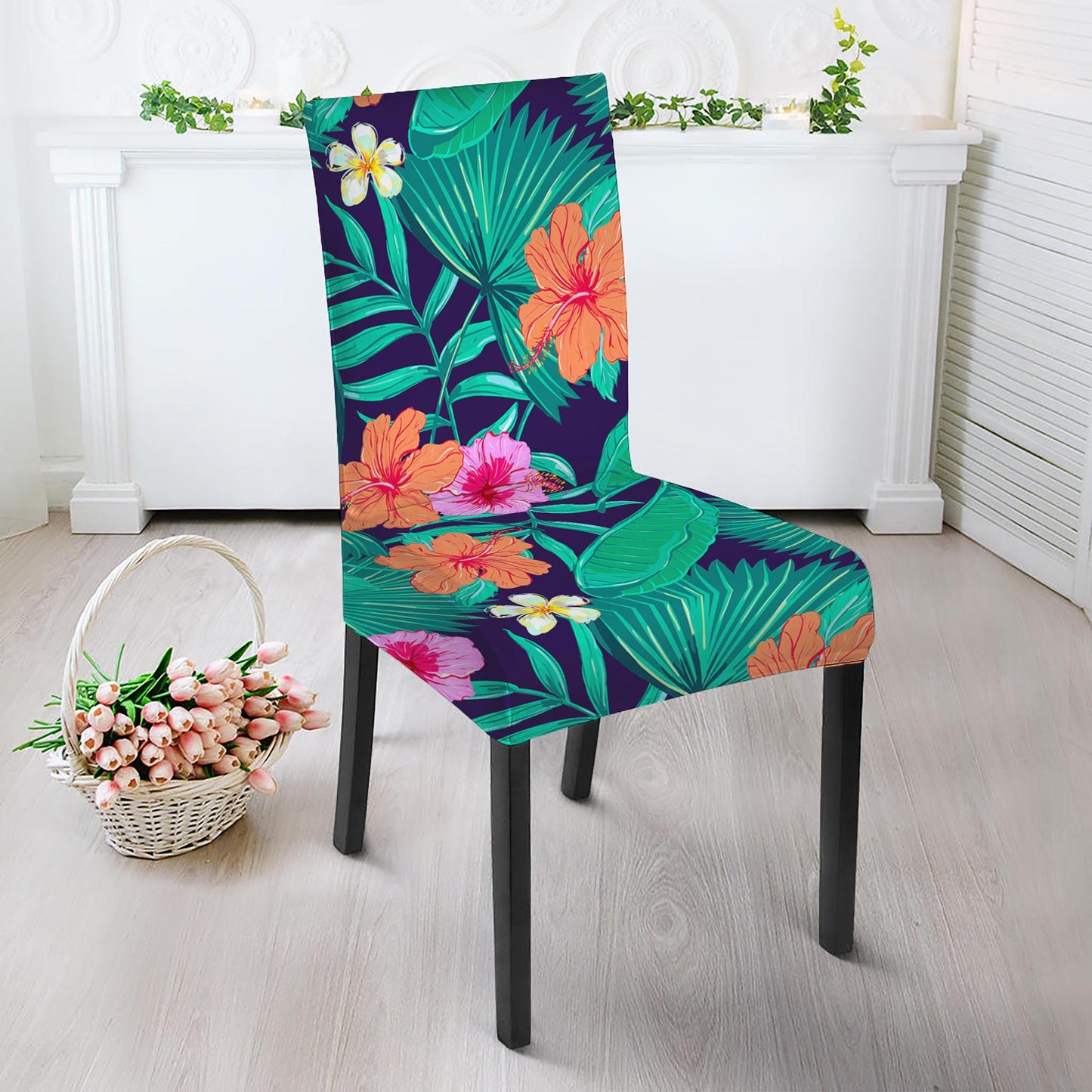 Teal Hawaiian Leaf Flower Pattern Print Dining Chair Slipcover
