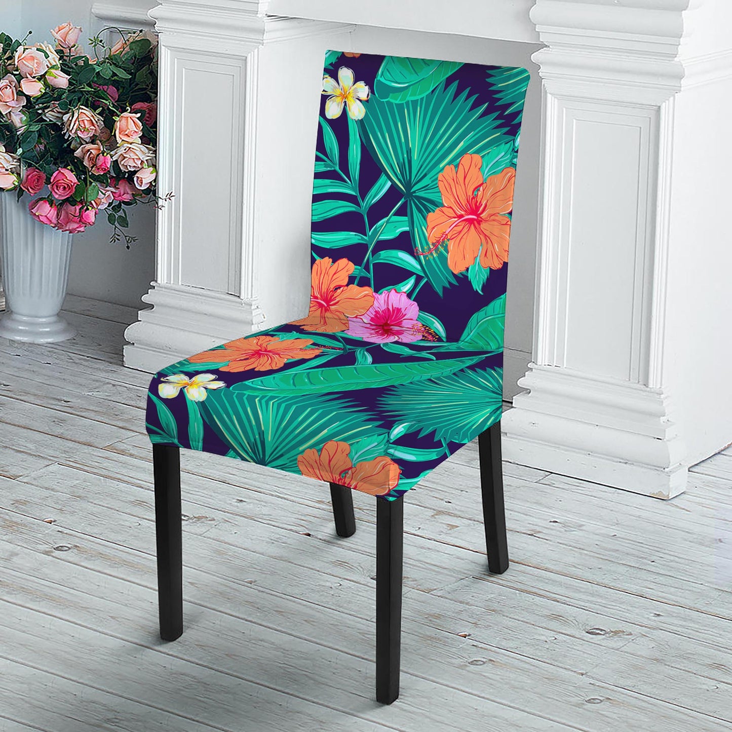 Teal Hawaiian Leaf Flower Pattern Print Dining Chair Slipcover