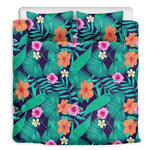 Teal Hawaiian Leaf Flower Pattern Print Duvet Cover Bedding Set