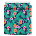 Teal Hawaiian Leaf Flower Pattern Print Duvet Cover Bedding Set