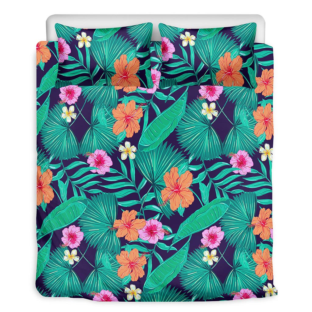 Teal Hawaiian Leaf Flower Pattern Print Duvet Cover Bedding Set