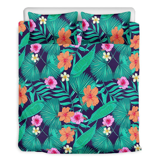 Teal Hawaiian Leaf Flower Pattern Print Duvet Cover Bedding Set