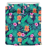 Teal Hawaiian Leaf Flower Pattern Print Duvet Cover Bedding Set