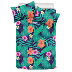 Teal Hawaiian Leaf Flower Pattern Print Duvet Cover Bedding Set