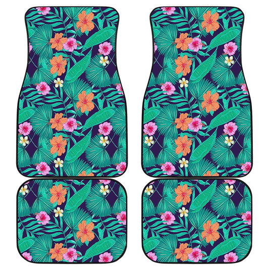 Teal Hawaiian Leaf Flower Pattern Print Front and Back Car Floor Mats