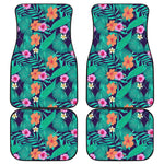 Teal Hawaiian Leaf Flower Pattern Print Front and Back Car Floor Mats