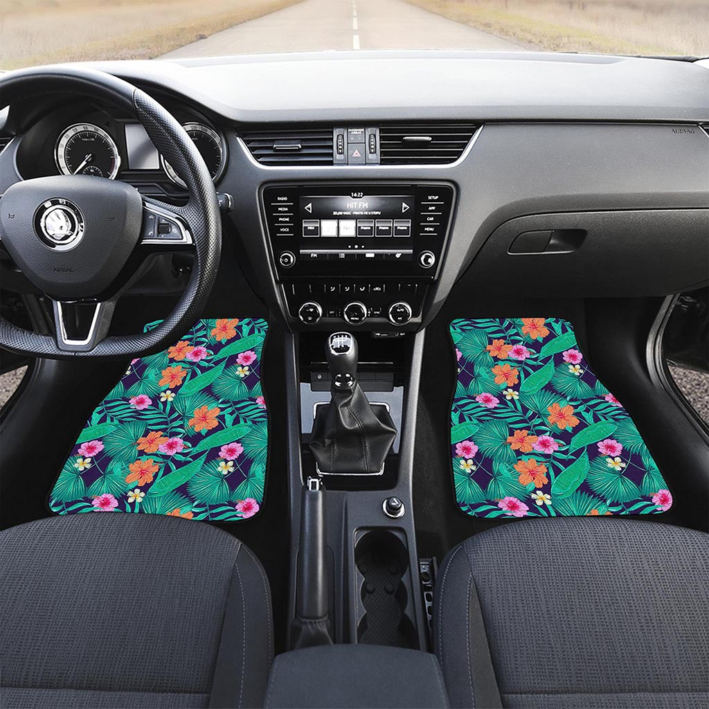 Teal Hawaiian Leaf Flower Pattern Print Front and Back Car Floor Mats