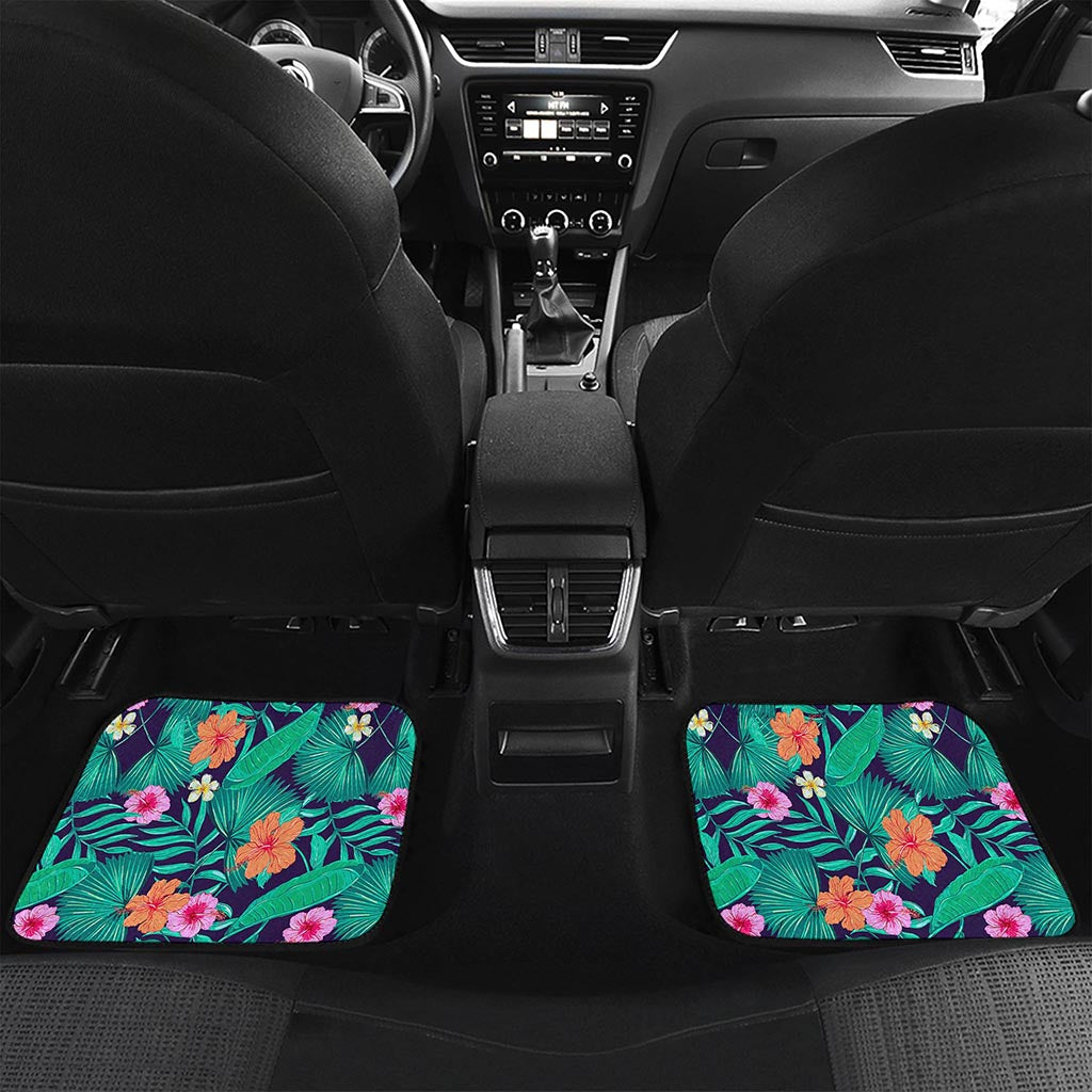 Teal Hawaiian Leaf Flower Pattern Print Front and Back Car Floor Mats