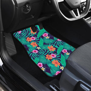 Teal Hawaiian Leaf Flower Pattern Print Front and Back Car Floor Mats