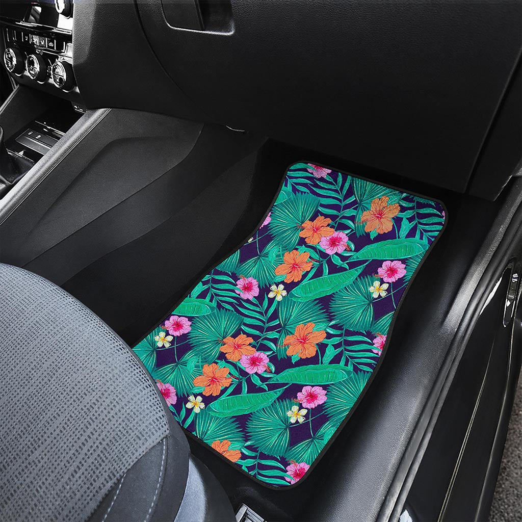 Teal Hawaiian Leaf Flower Pattern Print Front and Back Car Floor Mats