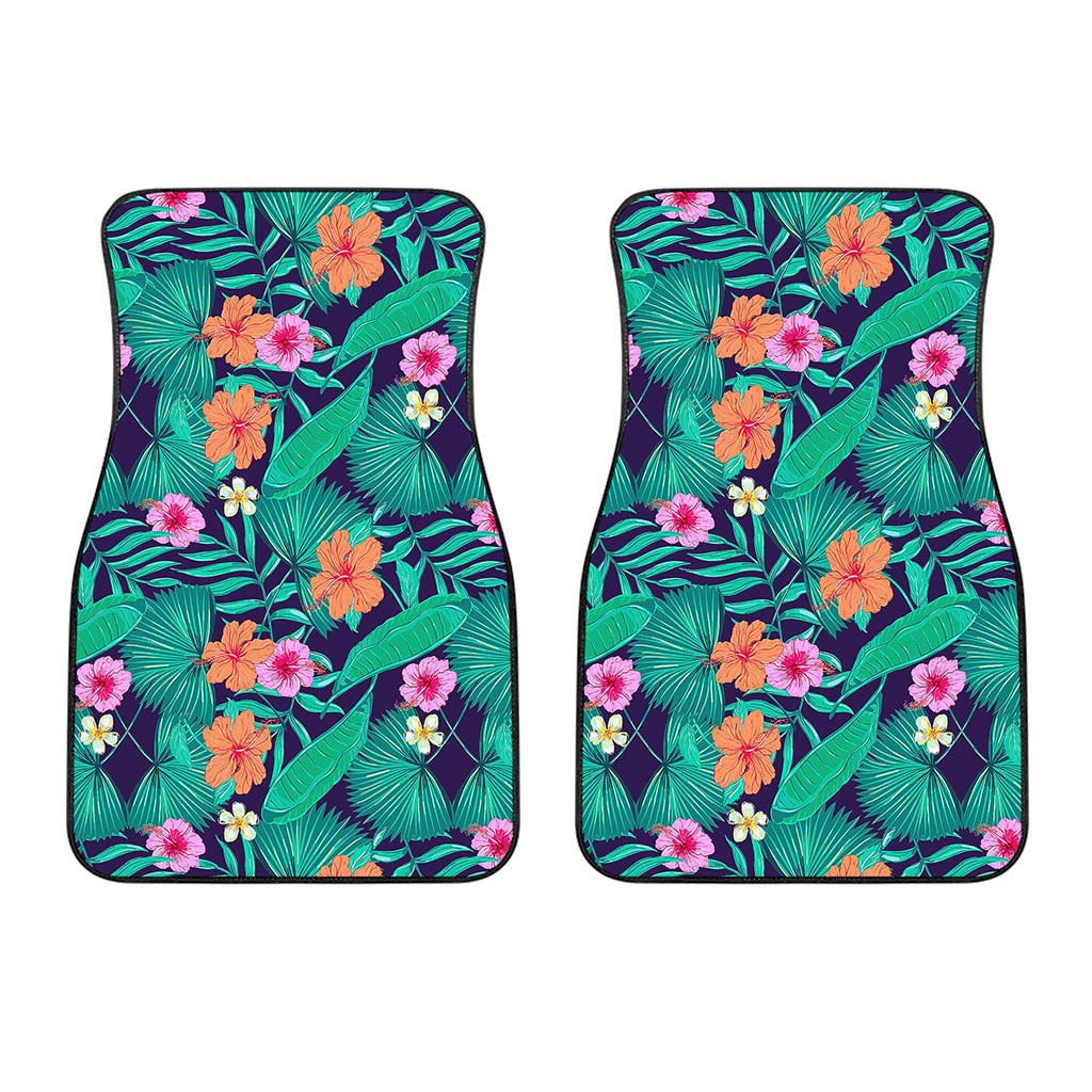 Teal Hawaiian Leaf Flower Pattern Print Front Car Floor Mats