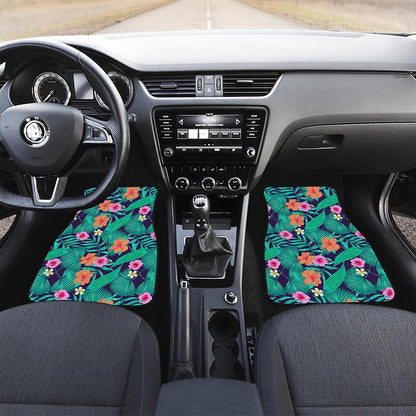 Teal Hawaiian Leaf Flower Pattern Print Front Car Floor Mats
