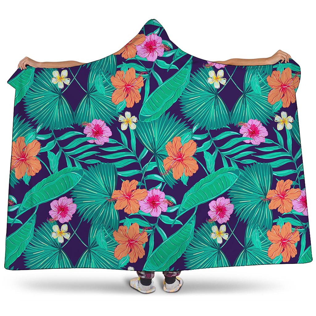 Teal Hawaiian Leaf Flower Pattern Print Hooded Blanket