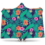 Teal Hawaiian Leaf Flower Pattern Print Hooded Blanket