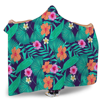 Teal Hawaiian Leaf Flower Pattern Print Hooded Blanket