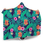 Teal Hawaiian Leaf Flower Pattern Print Hooded Blanket