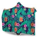 Teal Hawaiian Leaf Flower Pattern Print Hooded Blanket