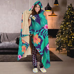 Teal Hawaiian Leaf Flower Pattern Print Hooded Blanket