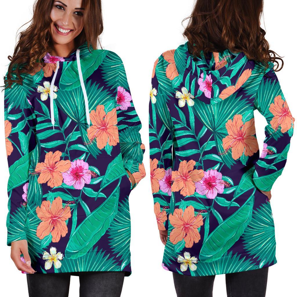 Teal Hawaiian Leaf Flower Pattern Print Hoodie Dress GearFrost
