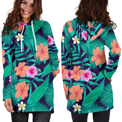 Teal Hawaiian Leaf Flower Pattern Print Hoodie Dress GearFrost